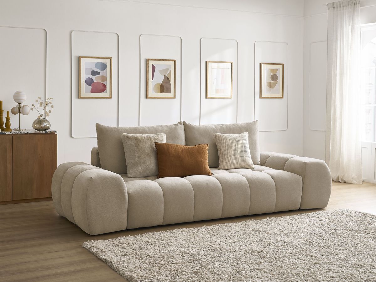 Canapé droit convertible coffre EVEREST tissu texturé - 2 coussins