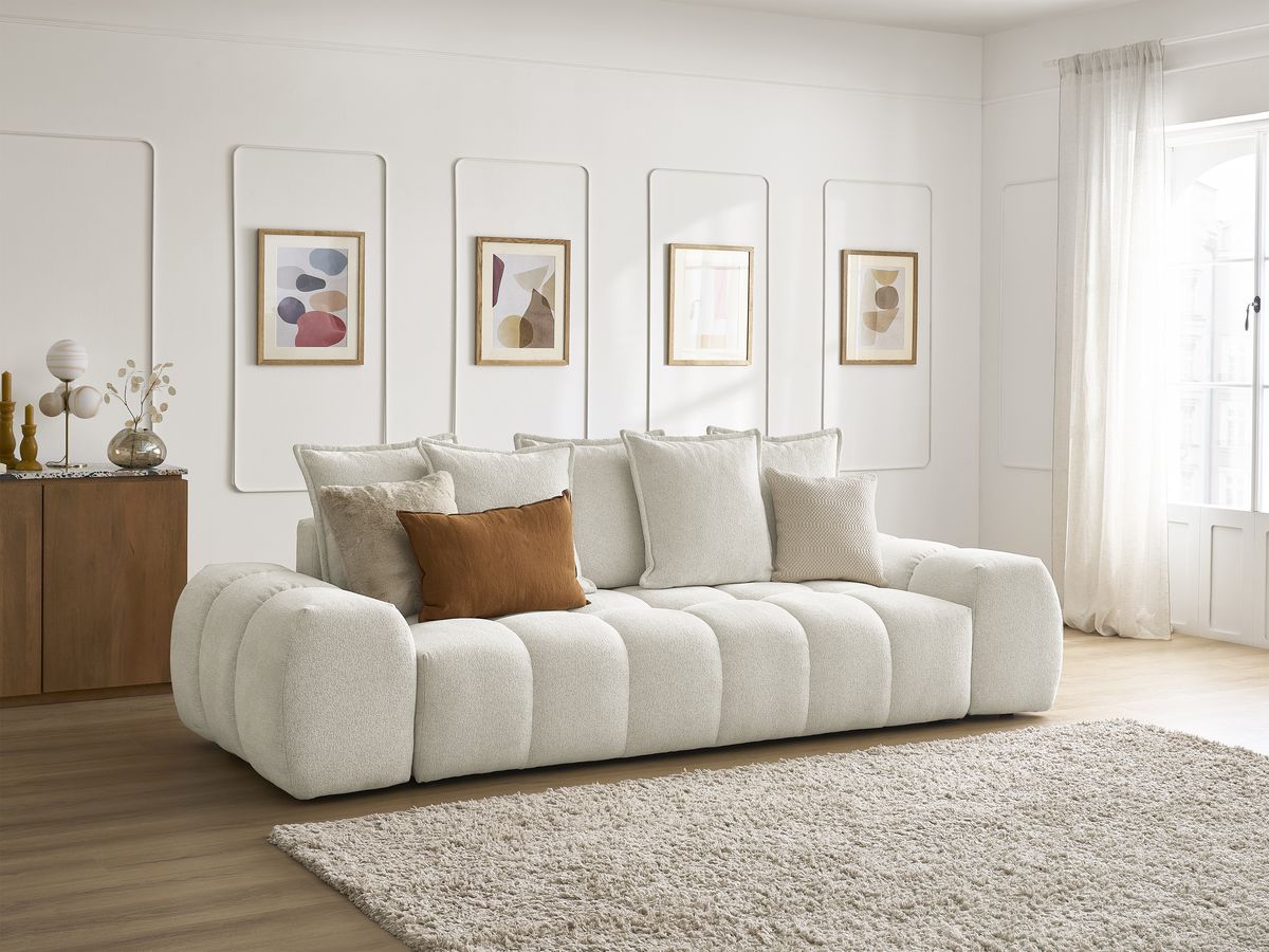 Canapé droit fixe 3 places EVEREST tissu chiné - 5 coussins
