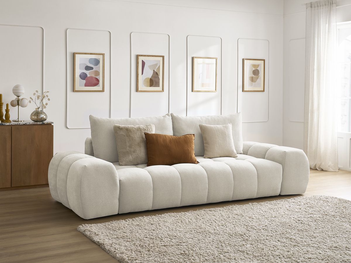 Canapé droit fixe 3 places EVEREST tissu texturé - 2 coussins