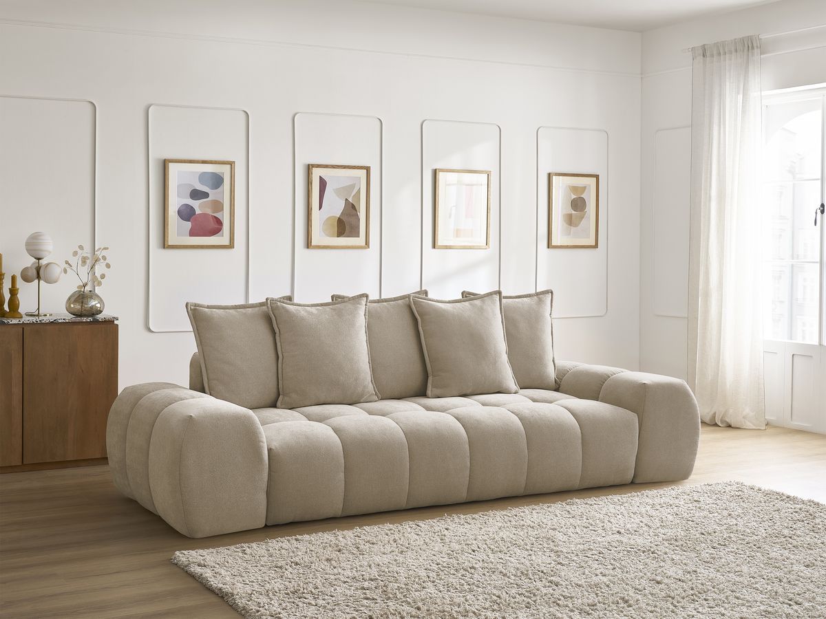 Canapé droit fixe 3 places EVEREST tissu texturé - 5 coussins
