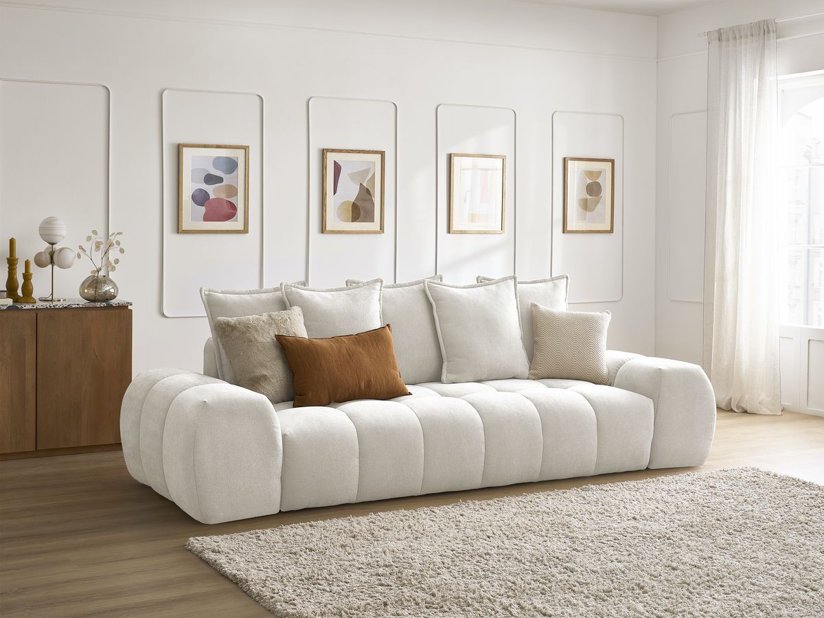 Canapé droit fixe 3 places EVEREST tissu texturé - 5 coussins