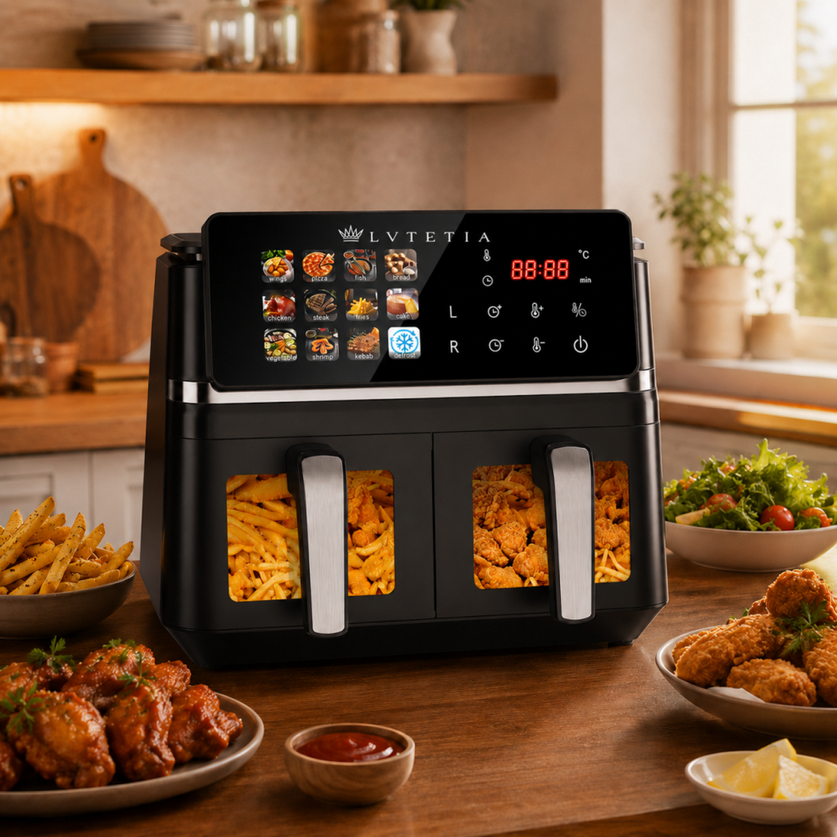 Friteuse à air chaud sans huile grande capacité 9L, 2000W, double panier avec fenêtre