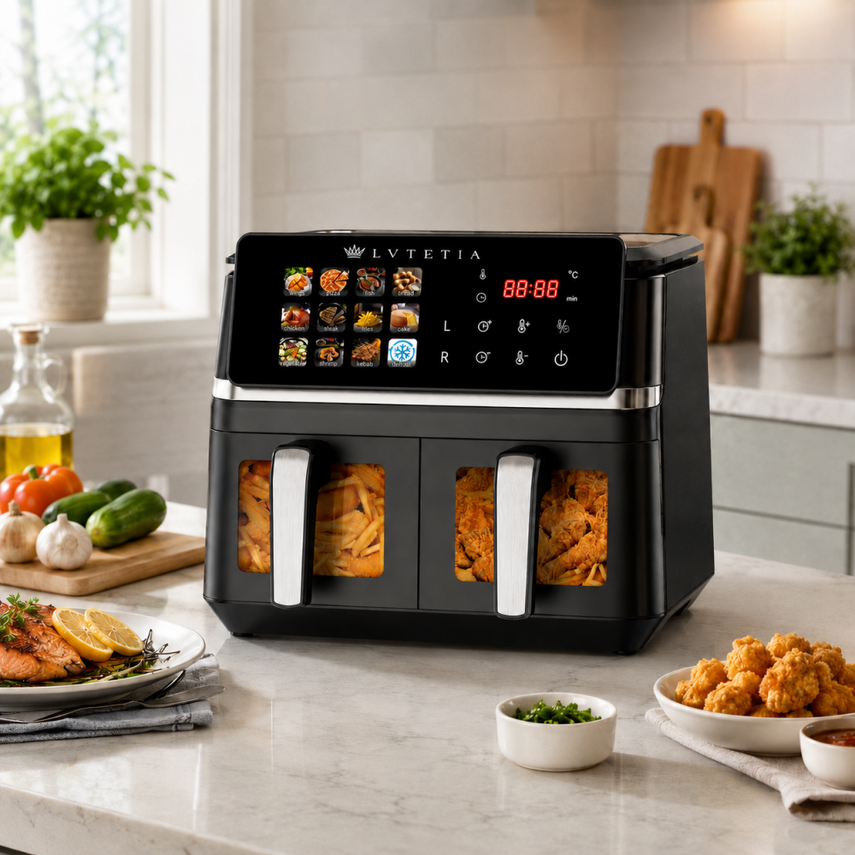Friteuse à air chaud sans huile grande capacité 9L, 2000W, double panier avec fenêtre