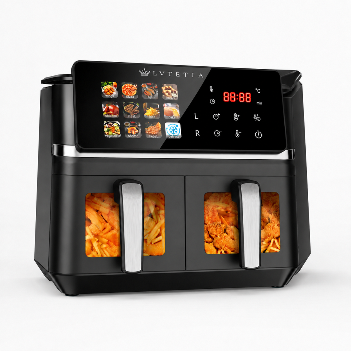 Friteuse à air chaud sans huile grande capacité 9L, 2000W, double panier avec fenêtre