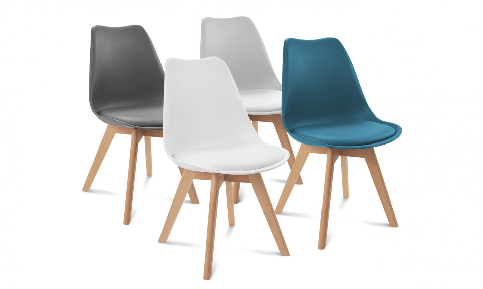 Chaises Suedia assise mix de couleurs  : 1x blanc, 1x gris clair, 1x bleu et 1x gris foncé - lot de 4