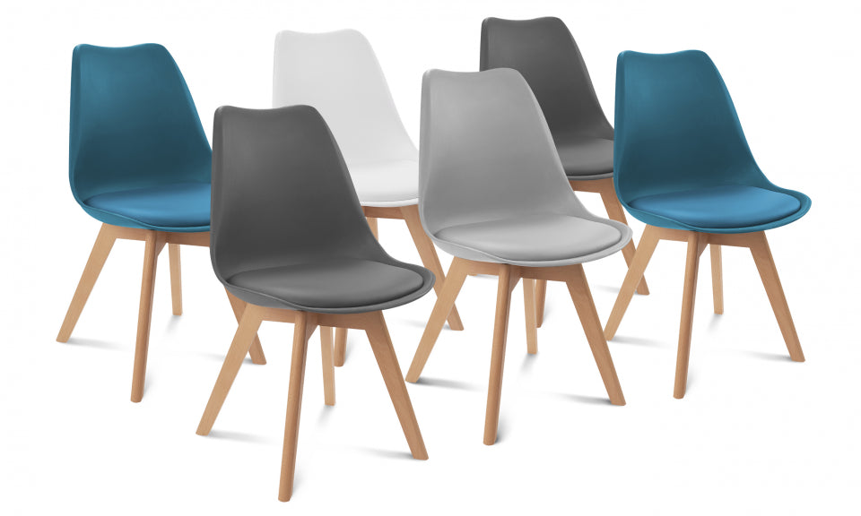 Chaises Suedia assise mix de couleurs : 1x blanc, 1x gris clair, 2x bleu et 2x gris foncé - lot de 6