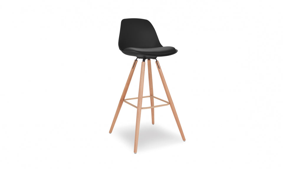 Tabourets de bar Oslo assise matelassée noire et pieds bois - lot de 4