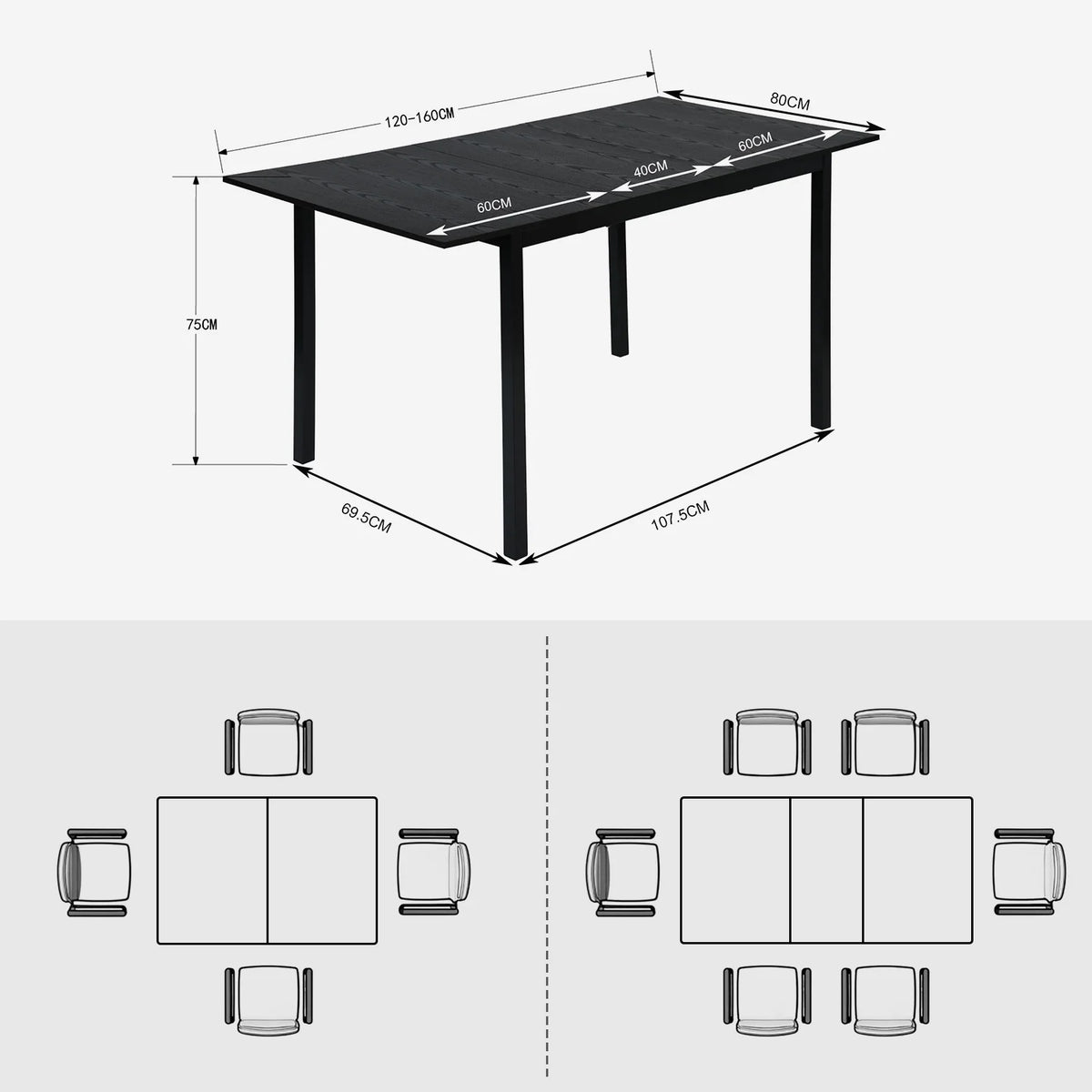 Bari & Akanji - Ensemble repas : table extensible noire 4 à 6 personnes et 4 fauteuils scandinaves en tissu vert