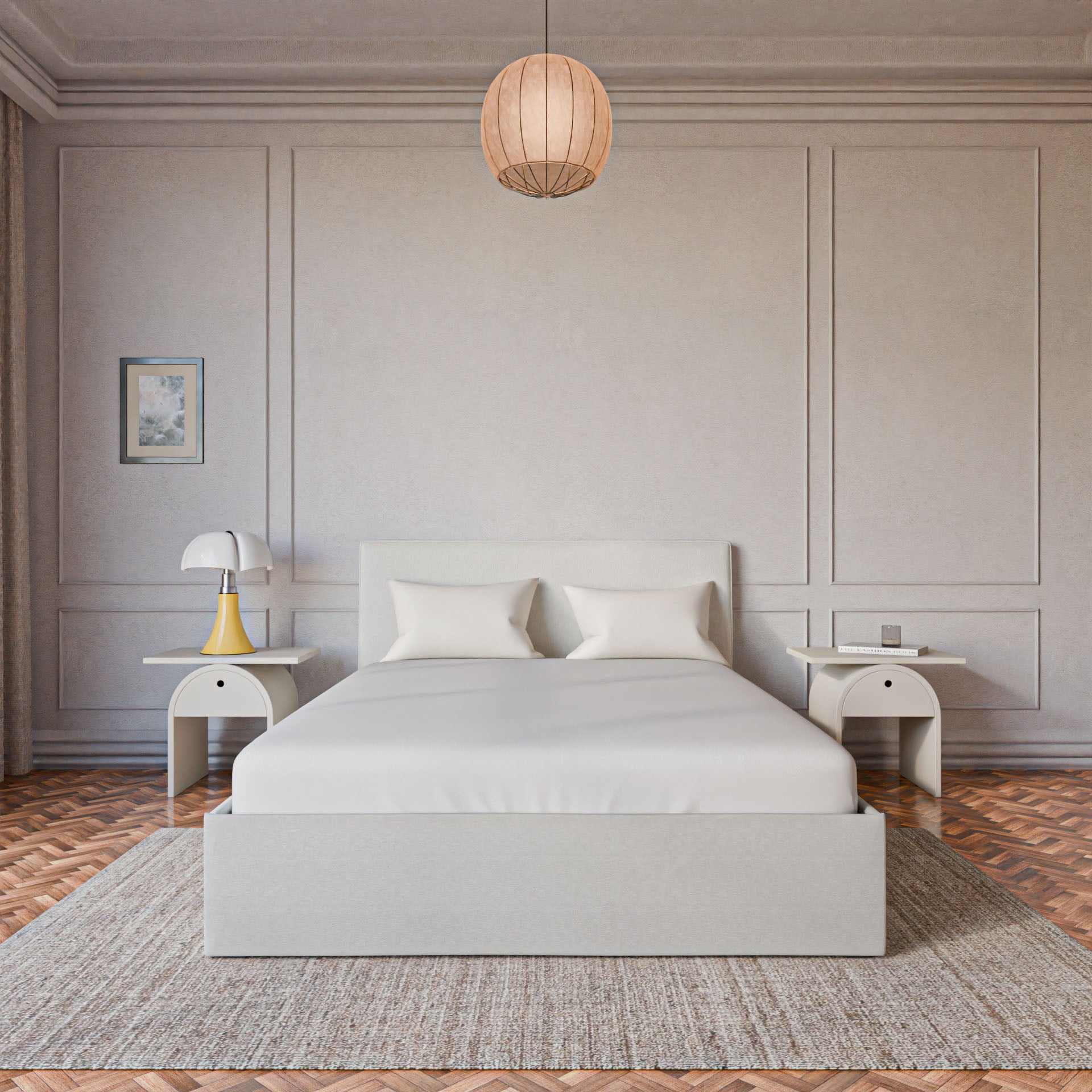 Lit coffre avec Tête - Blanc Cassé - Tissu Bouclé - Emma