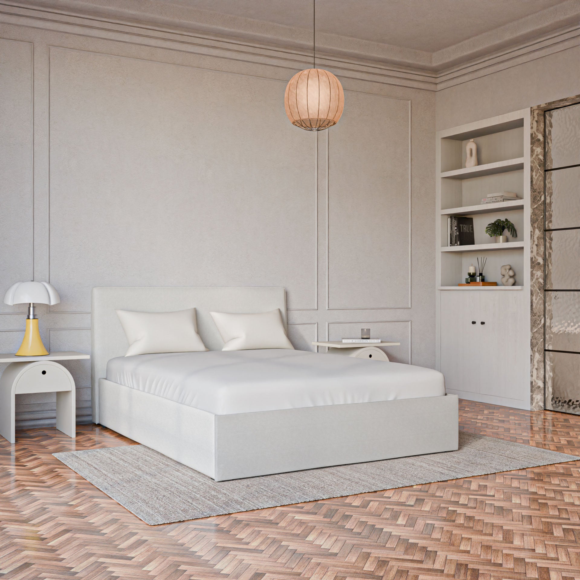 Lit coffre avec Tête - Blanc Cassé - Tissu Bouclé - Emma