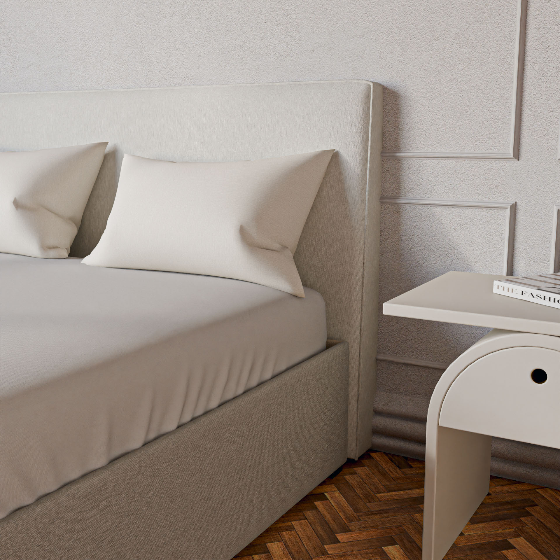 Lit coffre avec Tête - Blanc Cassé - Tissu Bouclé - Emma