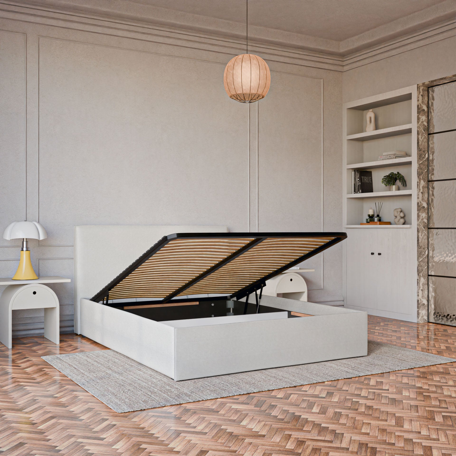 Lit coffre avec Tête - Blanc Cassé - Tissu Bouclé - Emma