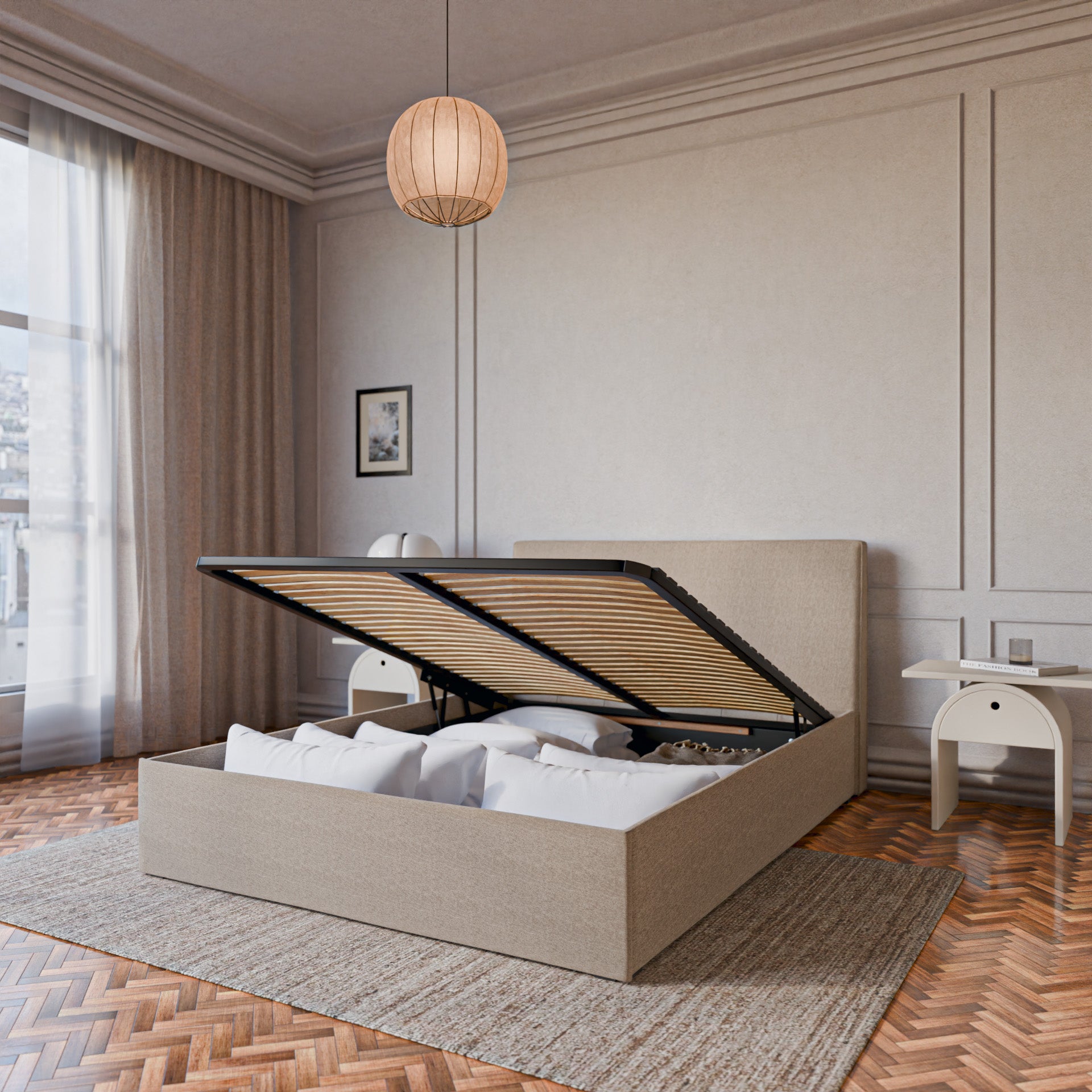 Lit coffre avec Tête - Blanc Cassé - Tissu Bouclé - Emma