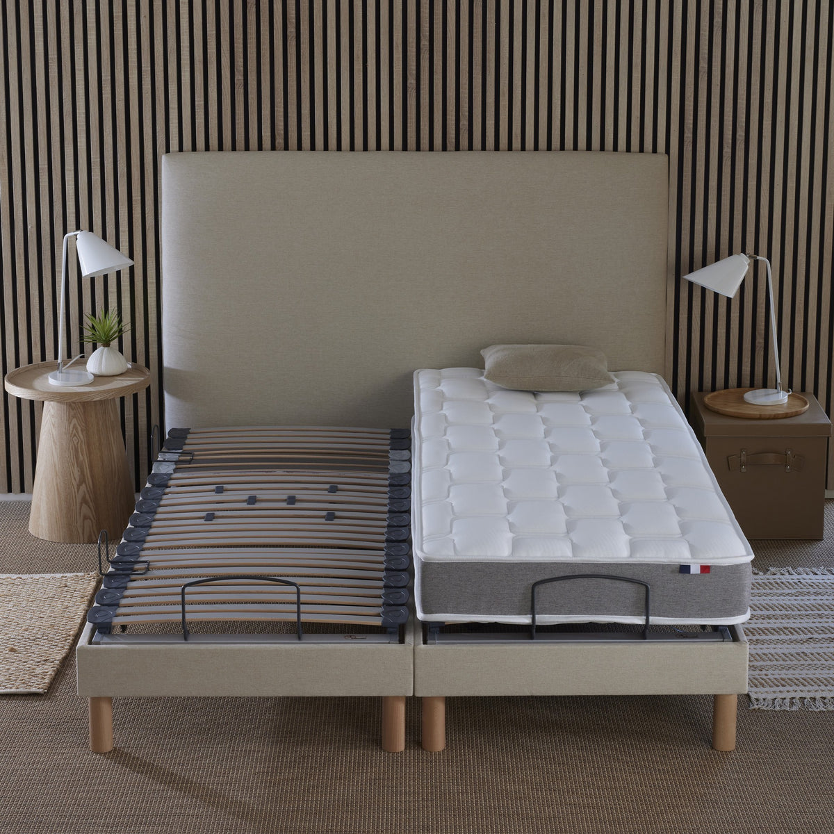 Ensemble lit électrique relaxation multi lattes + Matelas Mousse à mémoire de forme Couleur Beige 2x80 x 200