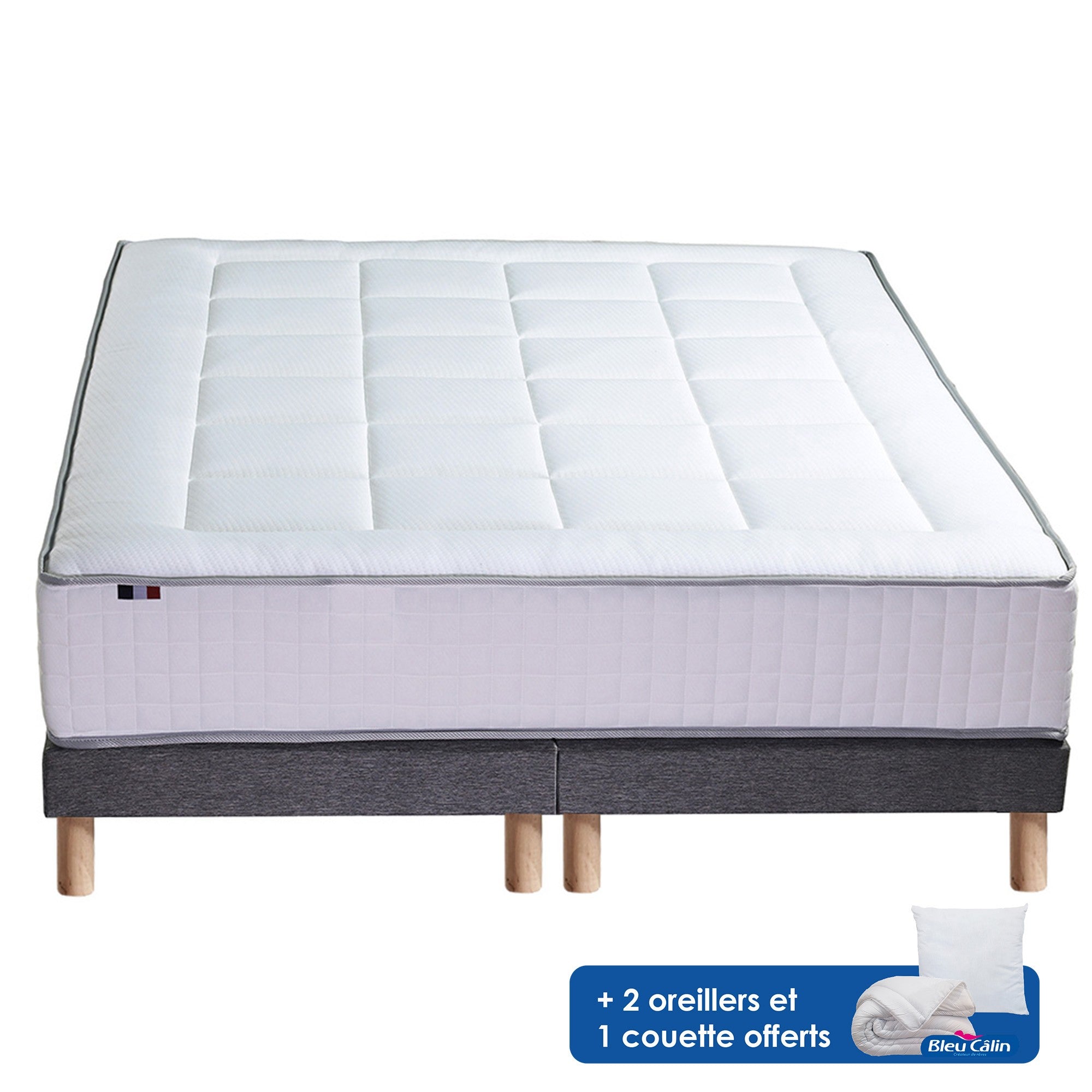 Ensemble matelas 160X200 cm Ressort 30cm 7 zones + sommier + oreiller + couette - FABRICATION FRANCAISE