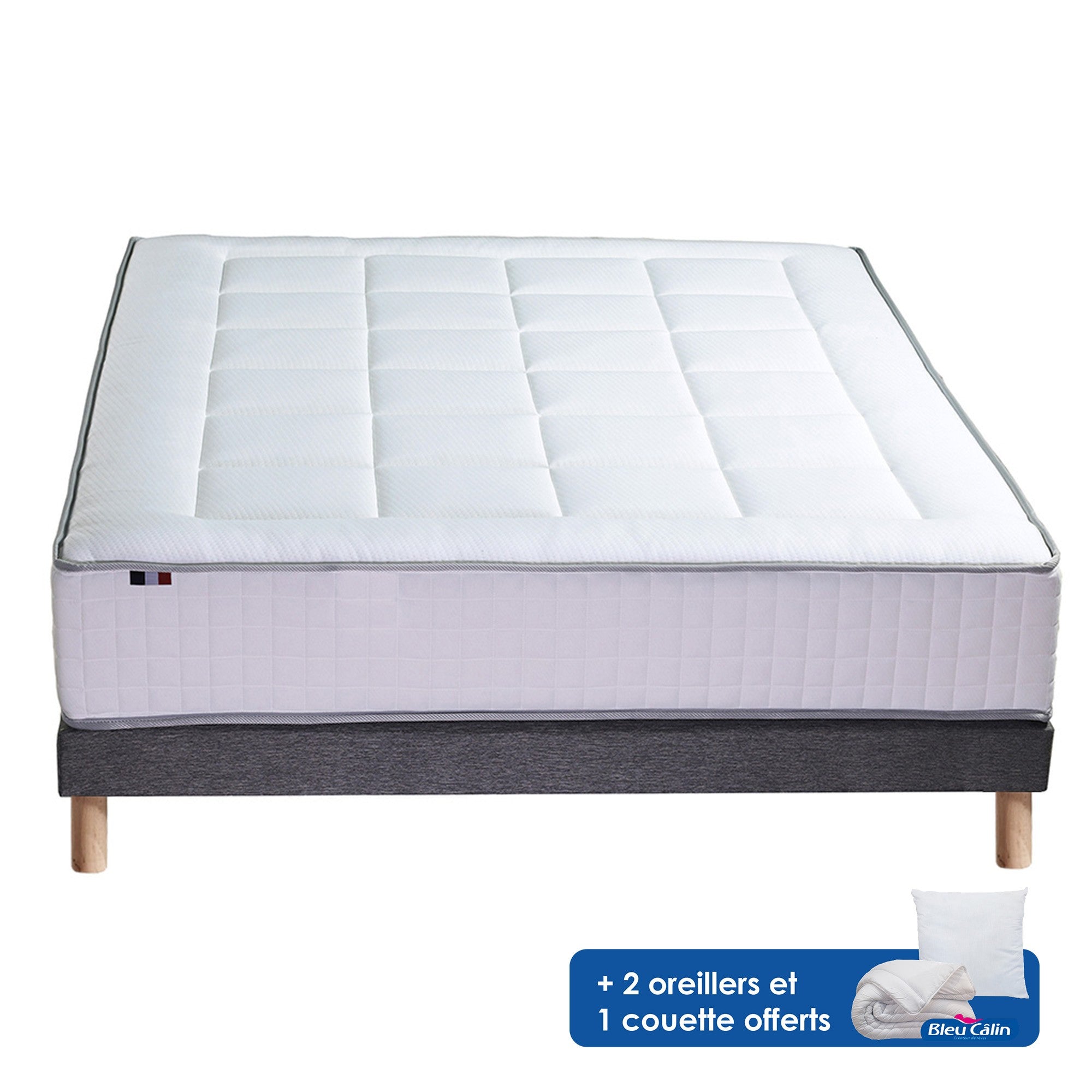 Ensemble 140x190 cm  matelas 30 cm Ressort 7 zones + sommier + oreiller + couette - FABRICATION FRANCAISE