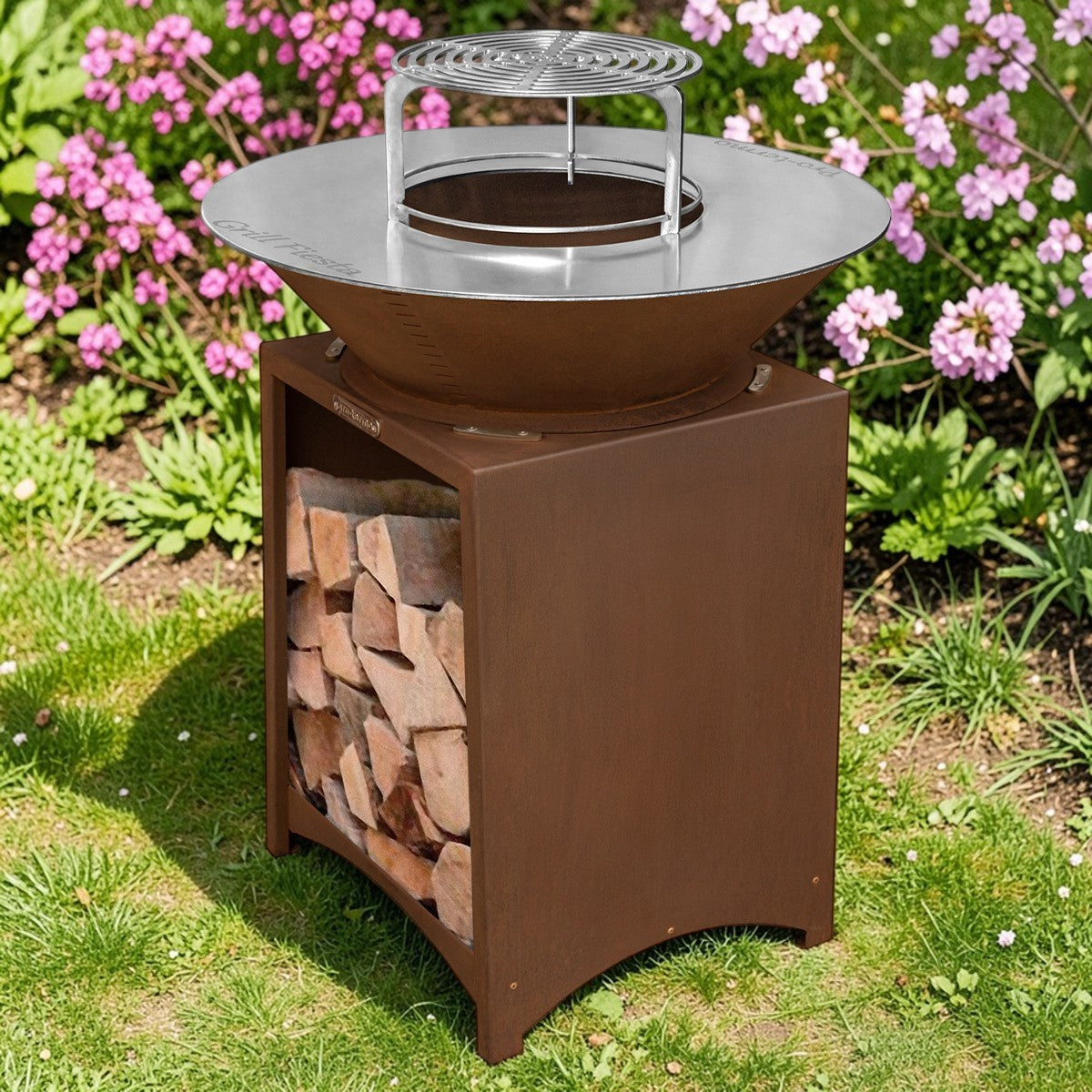 Brasero haut acier corten avec plaque et grille amovible inox barbecue plancha extérieur Ø 75 cm
