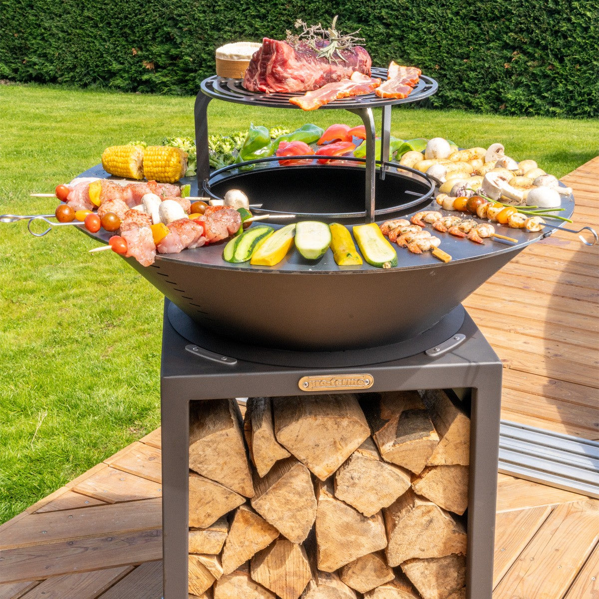 Brasero haut avec plaque et grille amovible en acier barbecue plancha extérieur Ø 75 cm