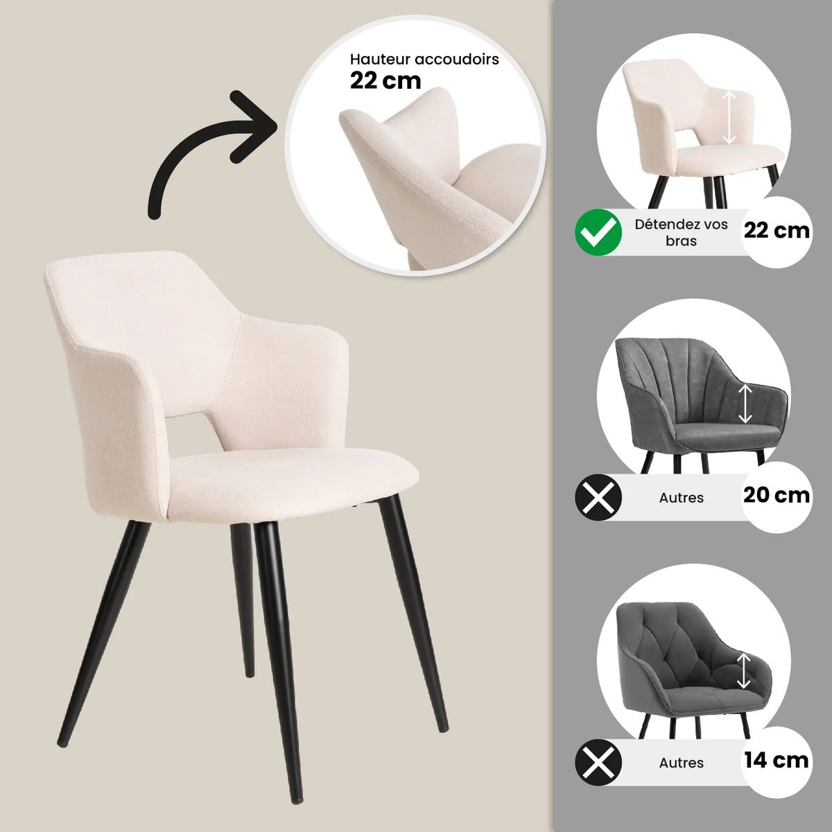Bari & Akanji - Ensemble repas : table extensible noire 4 à 6 personnes et 4 fauteuils scandinaves en tissu beige