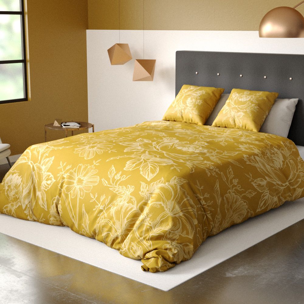 Housse de couette avec 2 taies d'oreiller 63x63 Parure de lit Coton Bio Victoria Ocre