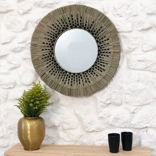 Miroir rond en paille de mendong naturel et noir 60 cm - Sorong