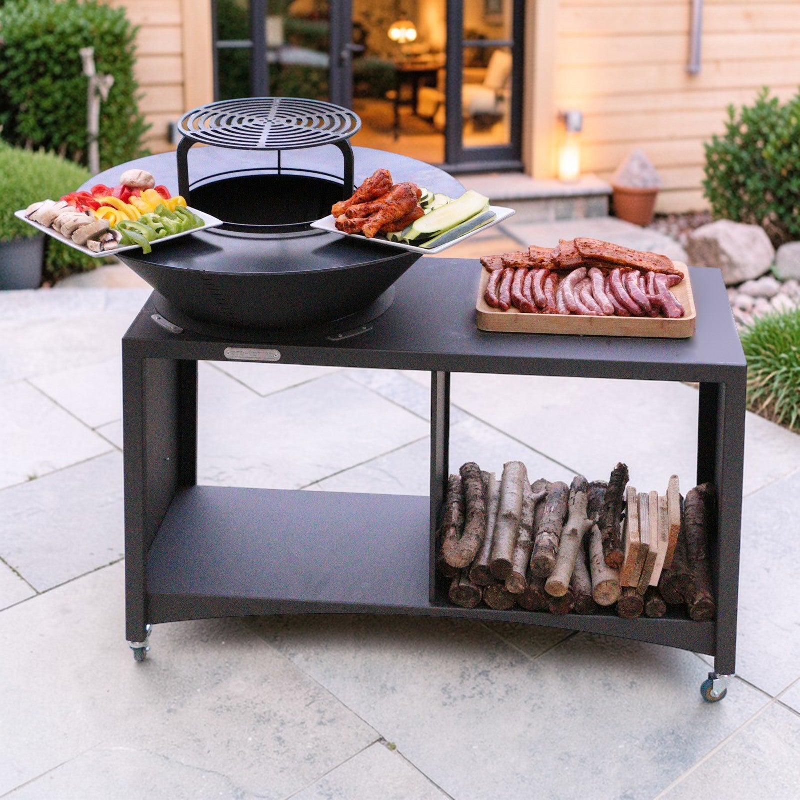 Brasero îlot avec plaque et grille amovible en acier barbecue plancha extérieur Ø 75 cm