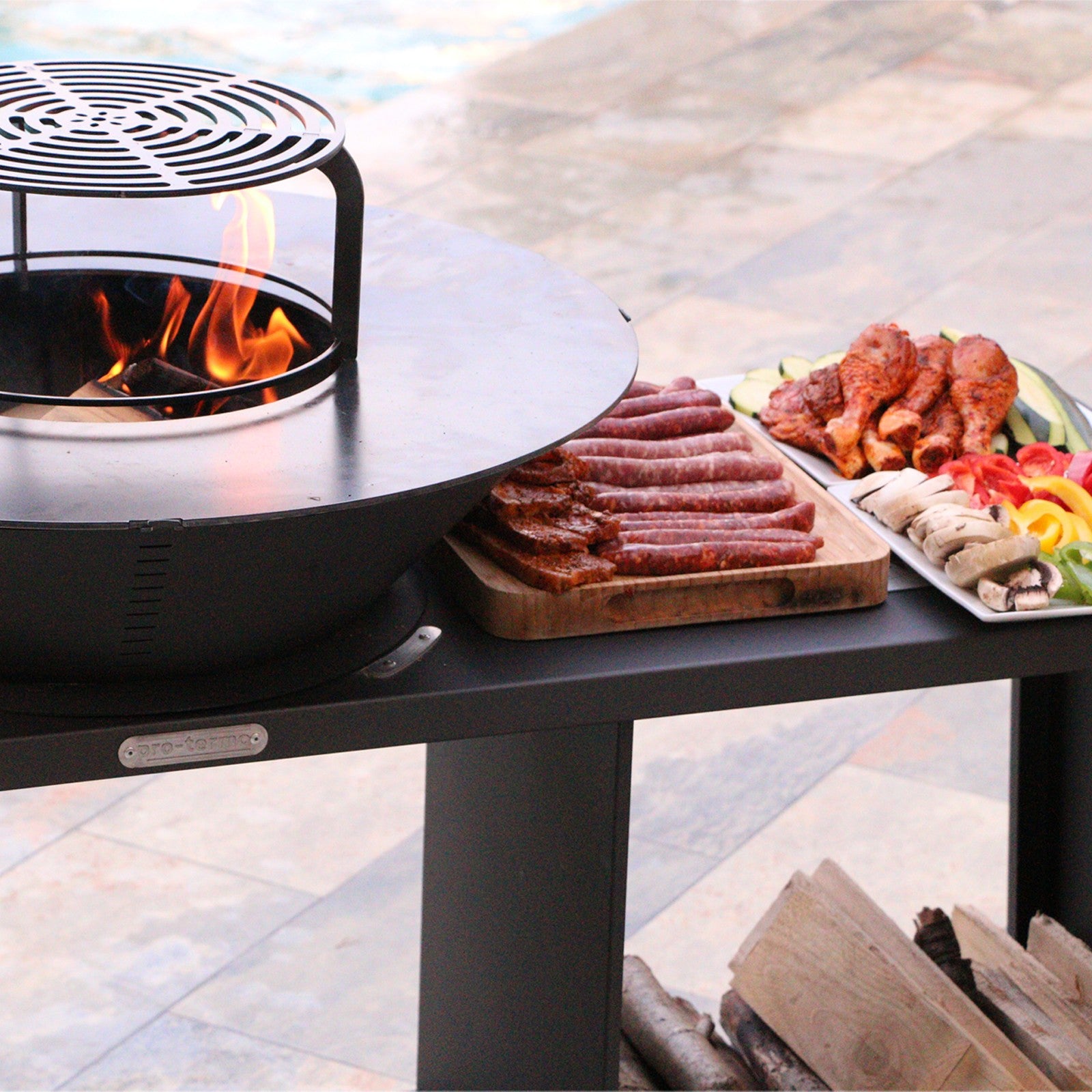Brasero îlot avec plaque et grille amovible en acier barbecue plancha extérieur Ø 75 cm