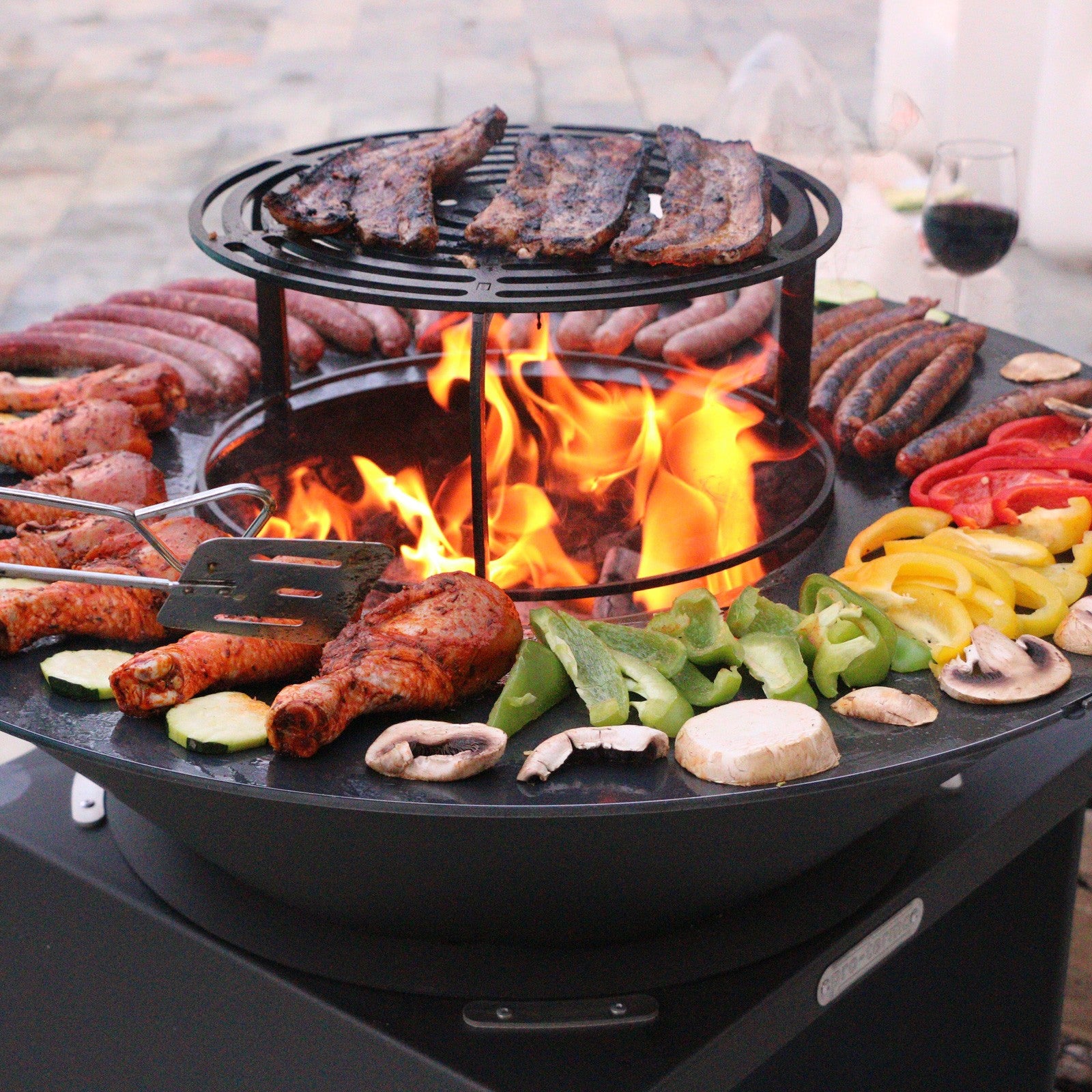 Brasero îlot avec plaque et grille amovible en acier barbecue plancha extérieur Ø 75 cm