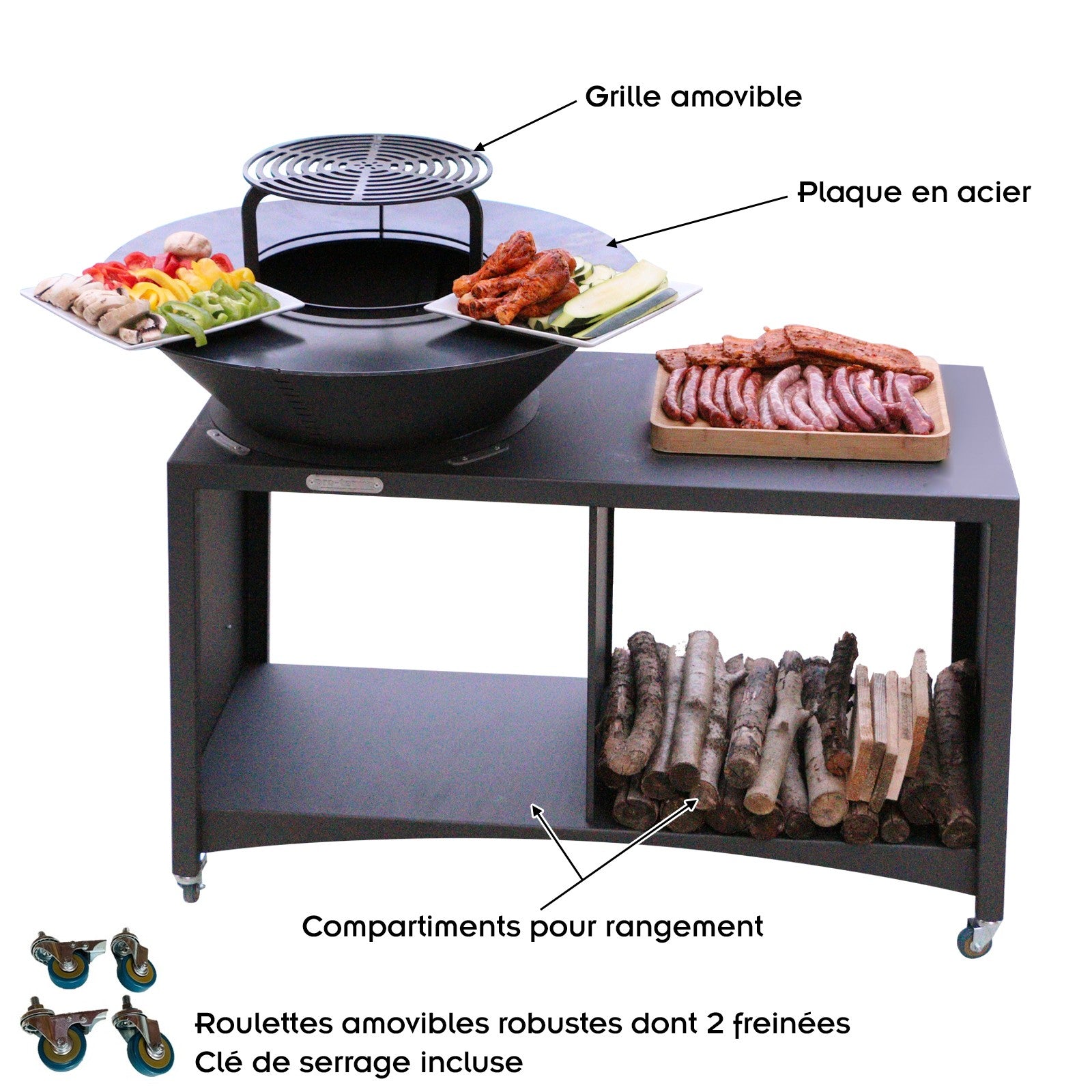 Brasero îlot avec plaque et grille amovible en acier barbecue plancha extérieur Ø 75 cm