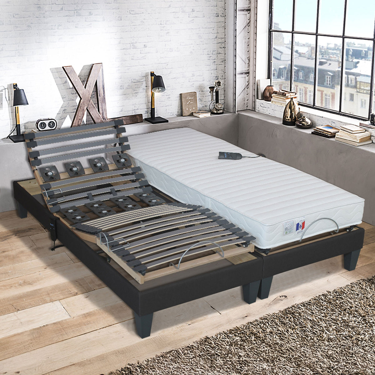 Lot de Sommiers lattes plus plots gris anthracite 2x80 x 200