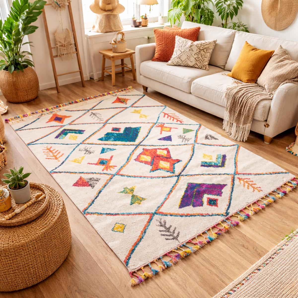 Tapis Mevo crème et multicolore motifs traditionnels berbère