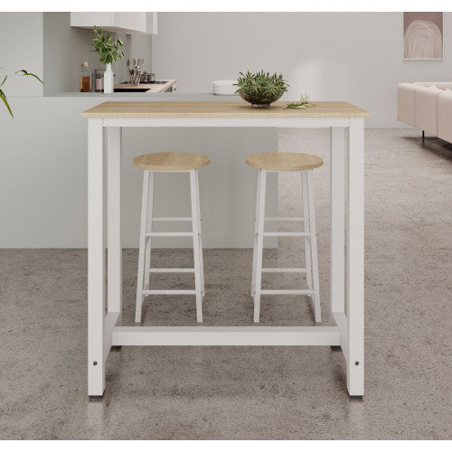 Table haute avec 2 tabourets blancs & chêne clair - 100 X 100 cm - Anivia