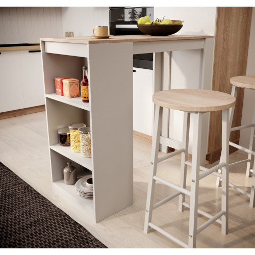 Table haute avec 2 tabourets blancs & chêne clair - 110 cm - Kala