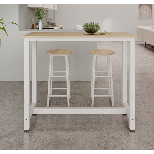 Table haute avec 2 tabourets blancs & chêne clair - 120 X 100 cm - Anivia