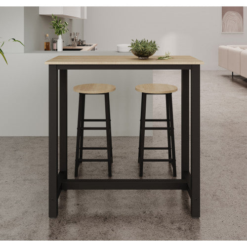 Table haute avec 2 tabourets noirs & chêne clair - 100 X 100 cm - Anivia
