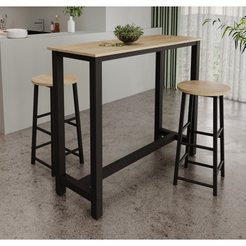 Table haute avec 2 tabourets noires & chêne clair - 120 X 100 cm - Anivia
