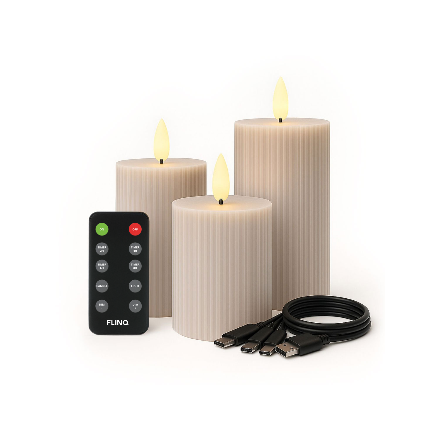 FlinQ - Ensemble de 3 bougies LED rechargeables à flamme vacillante - Télécommande incluse - Blanches