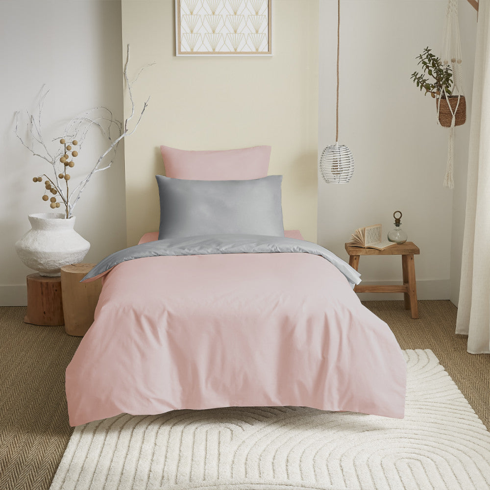 Pack 4 Pièces Housse de couette 140 x 200 cm - 100% coton / 57 fils/cm² - Rose/Gris réversible