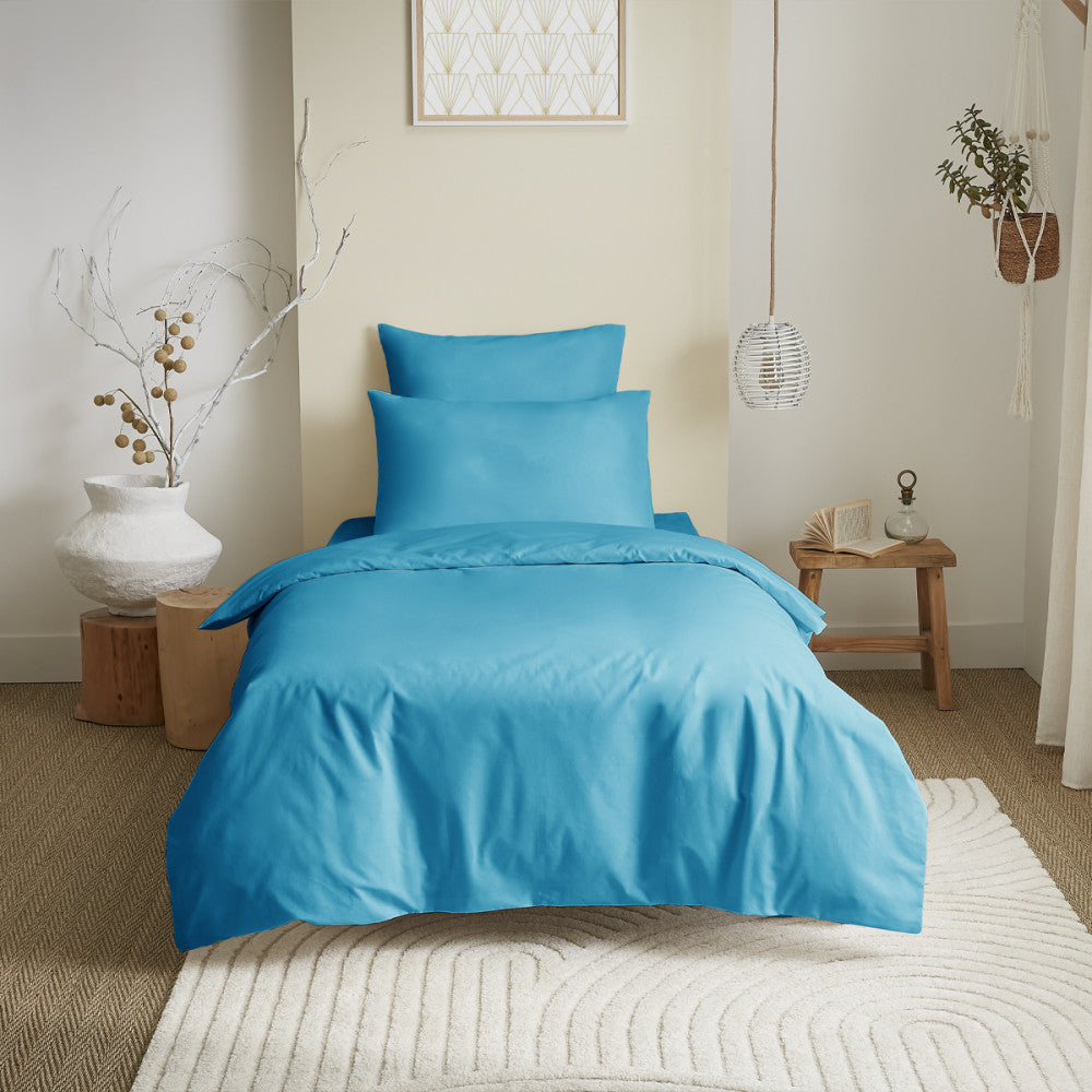 Pack 4 pièces Housse de couette 140 x 200 cm - Drap housse 90 x 190 cm - 2 taies d'oreiller - 100% coton / 57 fils/cm² - Turquoise