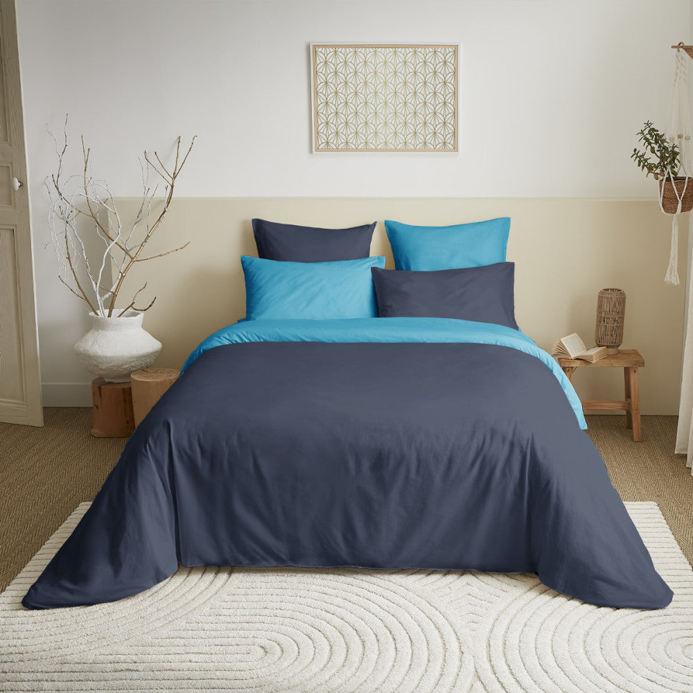 Pack 6 pièces Housse de couette 240 x 220 cm pour lit 140 x 190 cm - 100% coton / 57 fils/cm² - Marine/Turquoise réversible