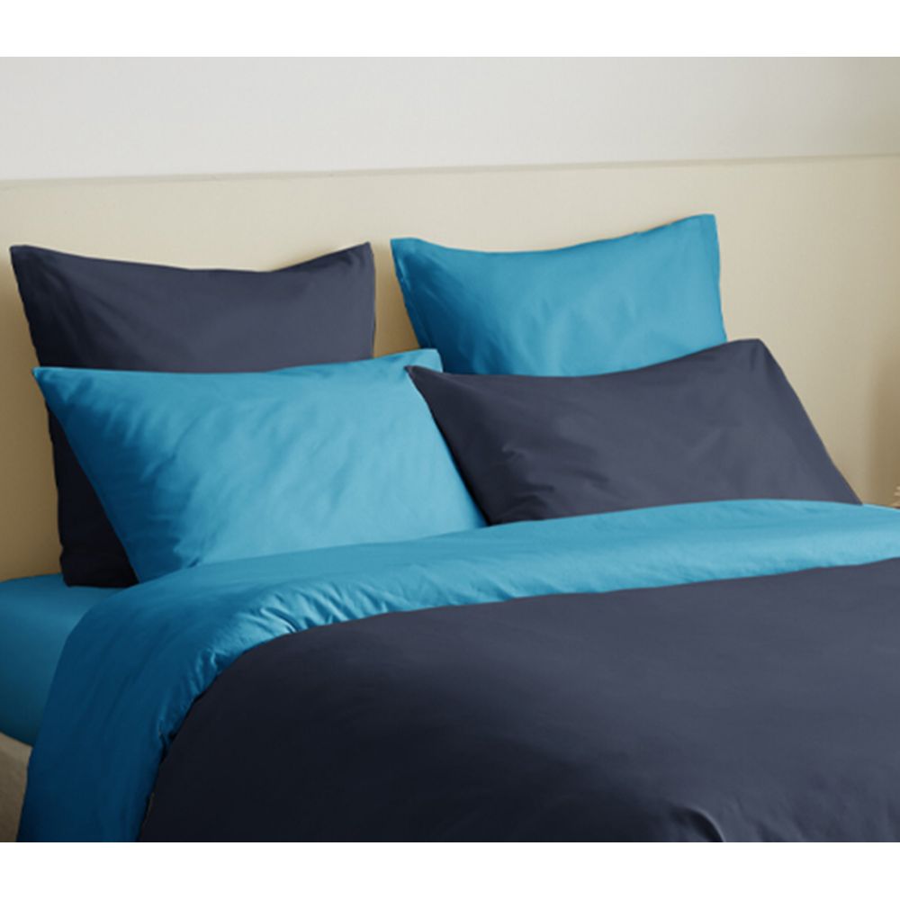 Pack 6 pièces Housse de couette 240 x 220 cm pour lit 140 x 190 cm - 100% coton / 57 fils/cm² - Marine/Turquoise réversible