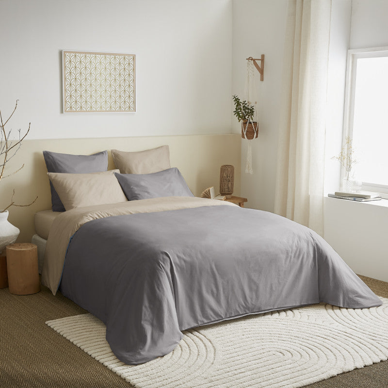 Pack 6 pièces Housse de couette 220 x 240 cm - 100% coton / 57 fils/cm² - Taupe/Lin réversible Bicolore