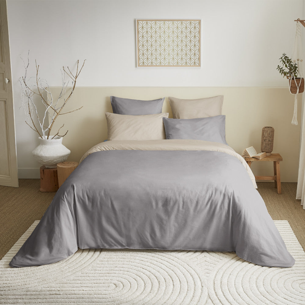 Pack 6 pièces Housse de couette 220 x 240 cm - 100% coton / 57 fils/cm² - Taupe/Lin réversible Bicolore