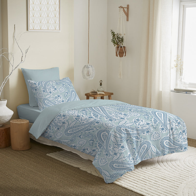 Pack 4 pièces Housse de couette réversible 90 x 190 cm - 100% coton / 57 fils/cm² - Cachemire bleu