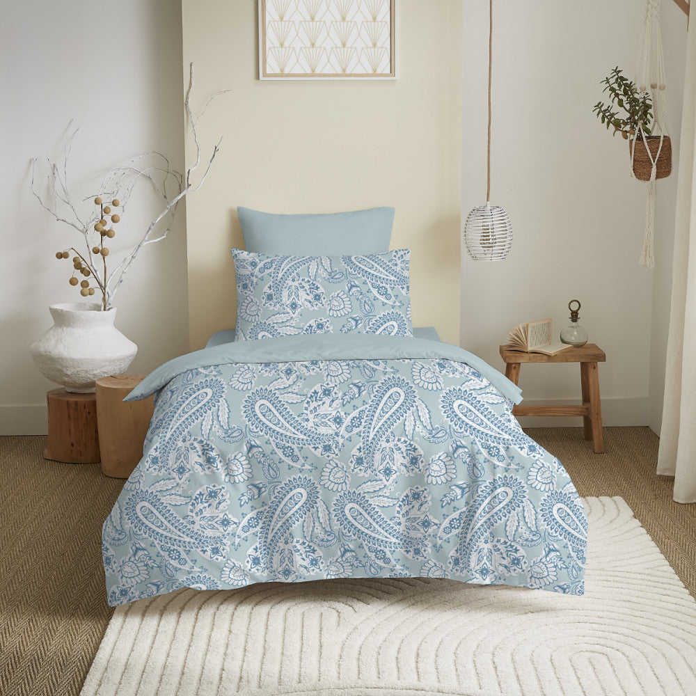 Pack 4 pièces Housse de couette réversible 90 x 190 cm - 100% coton / 57 fils/cm² - Cachemire bleu
