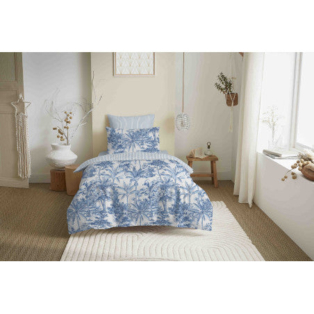 Pack Complet Housse de couette  Imprimé 140 x 200 cm - Drap housse 90 x 190 cm - 100% coton / 57 fils/cm² - ADAMA AZUR