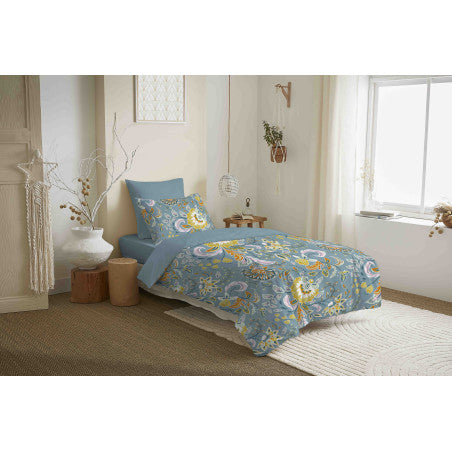 Pack Complet Housse de couette  Imprimé 140 x 200 cm - Drap housse 90 x 190 cm - 100% coton / 57 fils/cm² - BERGAME TURQUOISE
