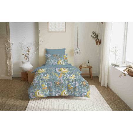 Pack Complet Housse de couette  Imprimé 140 x 200 cm - Drap housse 90 x 190 cm - 100% coton / 57 fils/cm² - BERGAME TURQUOISE