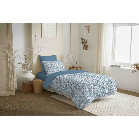Pack Complet Housse de couette  Imprimé 140 x 200 cm - Drap housse 90 x 190 cm - 100% coton / 57 fils/cm² - DIANA BLEU