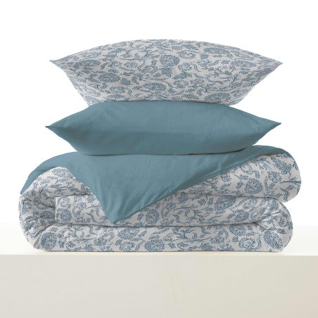 Pack Complet Housse de couette  Imprimé 140 x 200 cm - Drap housse 90 x 190 cm - 100% coton / 57 fils/cm² -  SALMA BLEU